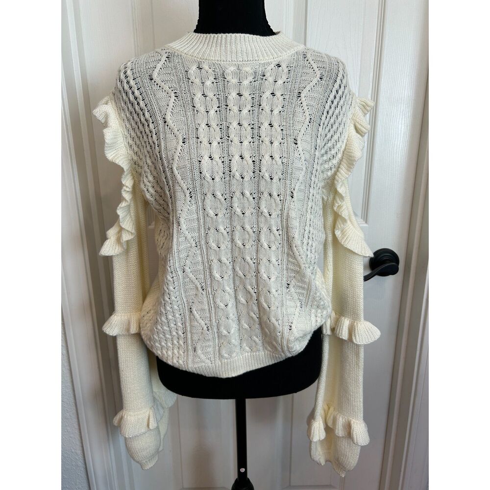 Express Ivory Cable Knit Open Ruffled Sleeve Sweater Women Sz S NWT